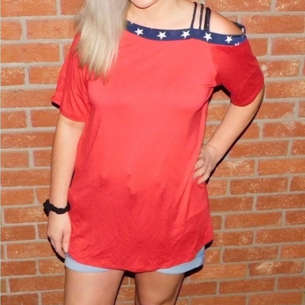Heimish Cold Shoulder Solid Top with 3 Straps and Stars